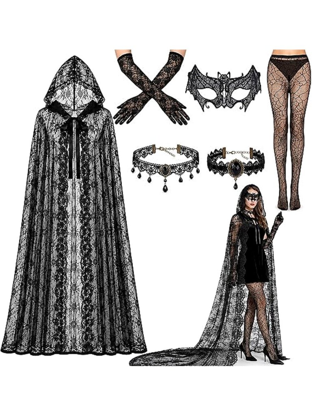 6pc Gothic Lace Hooded Cape Set Women's Vampire Halloween Costume with Fishnet